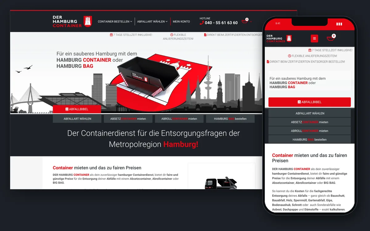 Website Der Hamburg Container in der Desktop- und Handyansicht